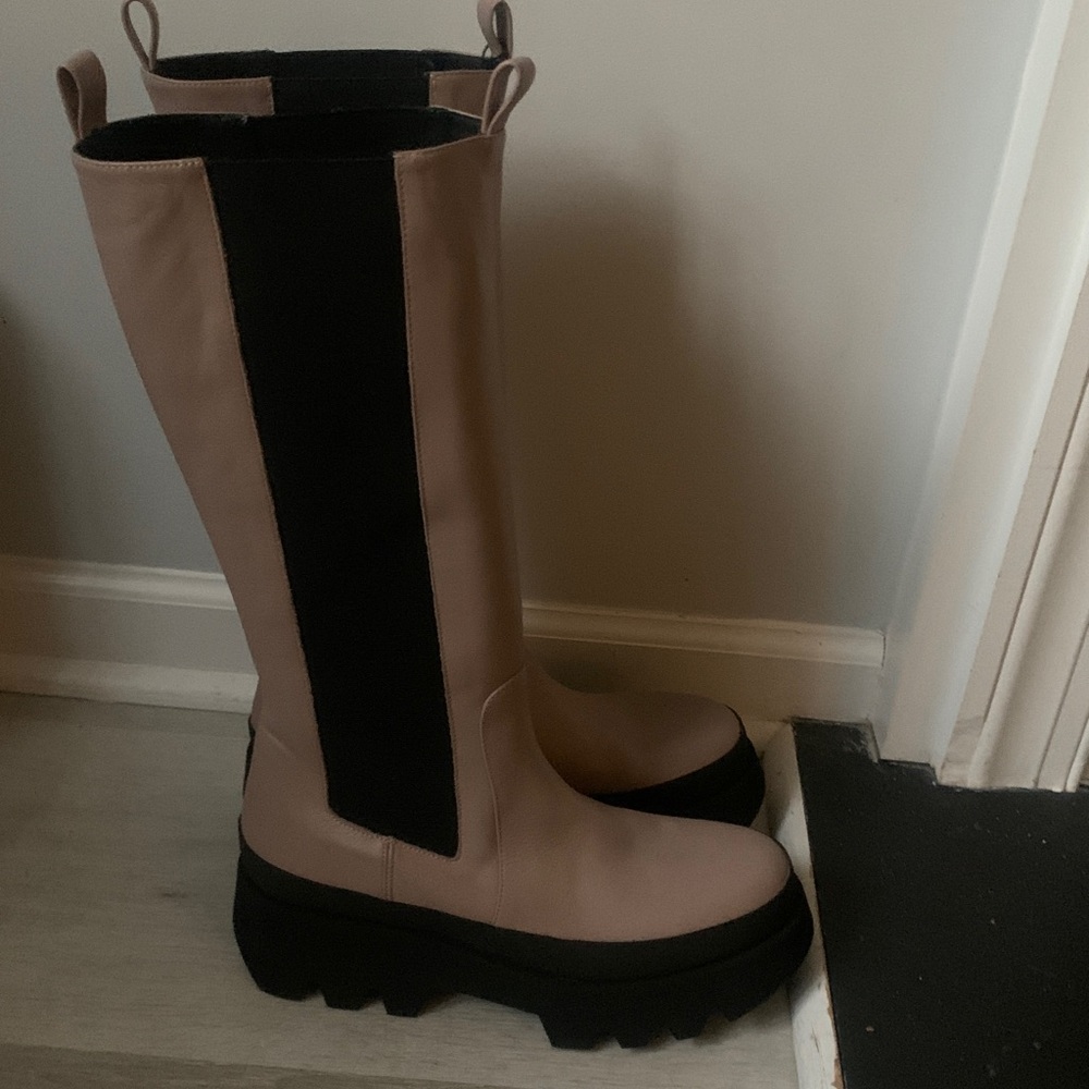 Paloma Barcelona tall leather platform boots size 39 chunky pull on beige Bibi - Picture 4 of 9